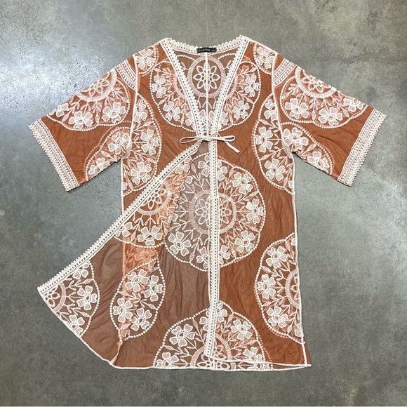 Ana & Rose Floral Copper Sheer Lace Open Front Kimono Duster Cardigan Boho - Picture 1 of 11